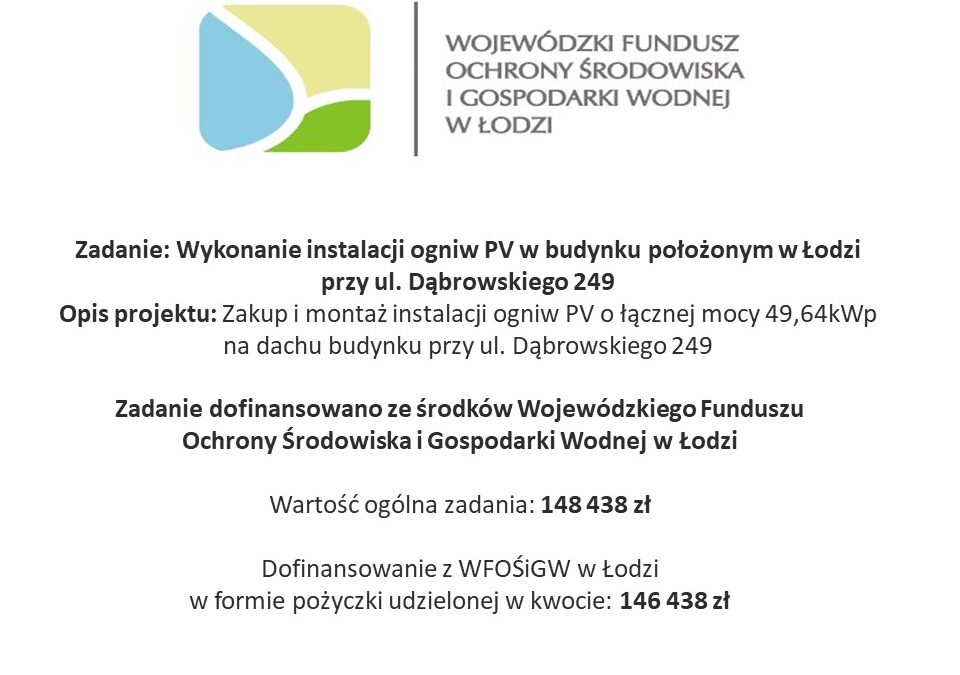 Informacja o otrzymaniu dotacji z WFOŚiGW w Łodzi